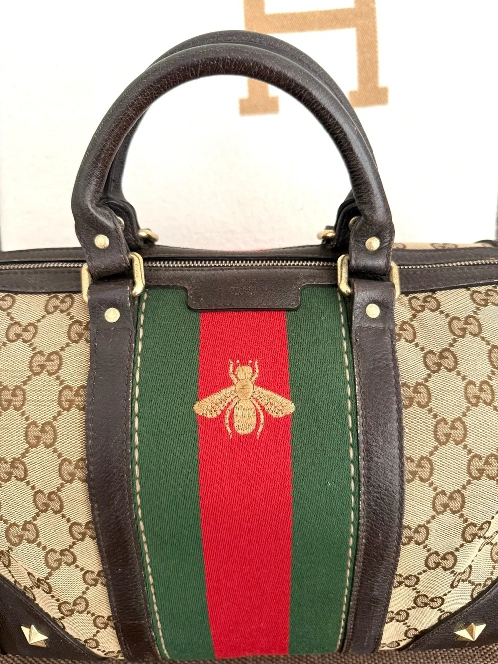 Authentic Gucci brown monogram canvas Boston satchel bag red green accents